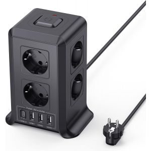 Multiprise avec Interrupteur, Tour Multiprise 8 Prises et 4 USB&iquest;3 USB-A&1 USB-C Max 5V/3.4A, Parafoudre et Surtension, 5M C&acirc;ble &agrave; la Maison et au Bureau - Neuf