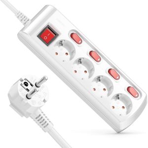 Bloc Multiprise 4 Prises Commutable Individuellement C&acirc;ble de 3,0m (4X Interrupteur Marche/Aarr&ecirc;t et 1x Interrupteur Principal) Courant Barrette &Eacute;lectrique Prise Multiple - Blanc - Neuf