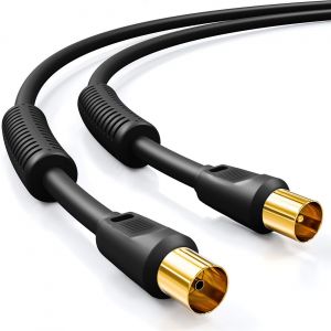 10m C&acirc;ble TV Coaxial Antenne HDTV Quad Bouclier 2x Filtres avec Noyau en Ferrite DVB-T DVB-T2 Radio DAB - Noir - Neuf