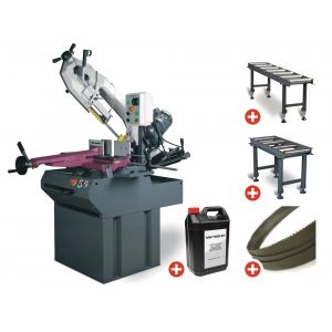 Scie &agrave; ruban pour m&eacute;taux -45&deg;/+60&deg; capacit&eacute; 255 mm 1,5 kW 400 V avec convoyeurs 1 m et 2 m + 5 lames de scie et 5 L d'huile de refroidissement Optisaw S300DG PACK2 - Neuf