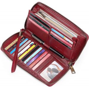Portefeuille en cuir pour femme, grande capacité, blocage RFID, avec 17 emplacements pour cartes et porte-chéquier, rouge - Neuf