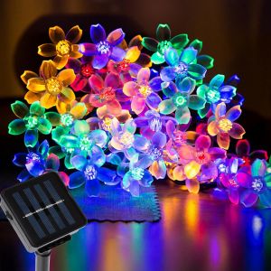 KAL-Guirlande Lumineuse Solaire, 12M 100Led Lumières De Fleurs De Cerisier Extérieur, Ip65 Étanche Lumières De Noël, 8 Modes Lumières Féériques Fleur Pour Jardin Terrasse Patio Noël Mariage Fête - Neuf