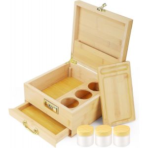CMWS-Bo&icirc;te en Bambou avec serrure &agrave; combinaison et tiroir de rangement, Bo&icirc;te D&eacute;corative avec Plateau Roulant Bocaux de Rangement en Verre et outil d'accessoire, coffret cadeau pour maison bureau - Neuf