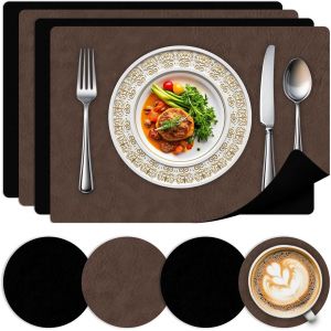 Eryi-Sets De Table Lavables Lot De 4-Sets De Table Résistants À La Chaleur Effaçables,Double Face Aspect Cuir Sets De Table Avec Dessous-De-Plat Pour Cuisine, Maison, Restaurant,Marron Foncé+Noir - Neuf