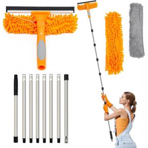 PATB-4M Nettoyeur de Vitre 3-en-1 Kit Nettoyage Vitre avec Raclette en Silicone et Brosse en Microfibres, Raclette Vitre Professionnel, Lave Vitre Telescopique avec Tête Rotative 270° Orange - Neuf