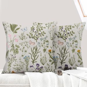 Cauc-Lot De 2 Decorative Housse De Coussin 40x40 Cm Flowers Housse De Canap&eacute; D&eacute;coratifs Motif Plante &Agrave; Fleurs Sauvages Vert Taie D'oreiller Pour Maison Salon Chambre Et Ferme - Sauge - Neuf