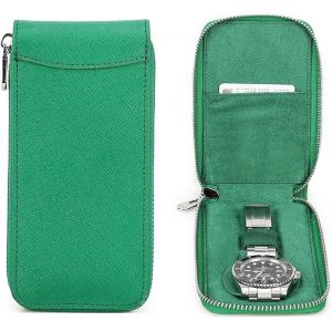 Kal-Étui De Voyage Pour Montres - En Cuir Saffiano - Portable - Fermeture Éclair - Vert Forêt - Neuf