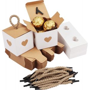 Mevronisshop-Belle Vous Lot De 50 Petite Boite Cadeau Blanche Et Marron Avec Coeurs - 5,5 X 5,5 X 5,5 Cm - Boite Papier Kraft Pour Anniversaire, Gouter, Naissances - Boite Drag&eacute;e Pour Mariages - Neuf