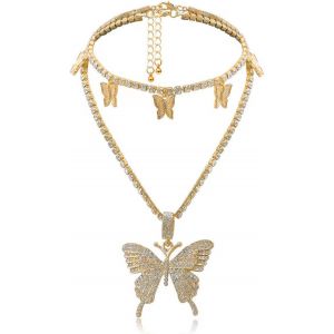 Kal-Cristal Papillon Pendentif Collier Brillant Strass Papillon Stratifié Choke Collier Femme Et Fille Bijoux Réglables (Or) - Neuf