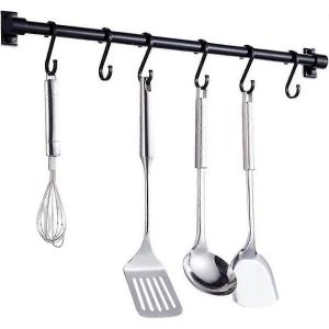 Étagère de rangement murale de cuisine avec 6 crochets amovibles,barre de rangement de 40cm pour ustensiles,épices,noir - Neuf