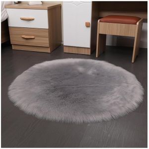 Sjzg-Tapis Rond En Fausse Peau De Mouton - 35 X 35 Cm - Gris - Moelleux - Poils Longs - Doux - Imitation Laine - Antid&eacute;rapant - Lavable - D&eacute;coration D'int&eacute;rieur - Neuf