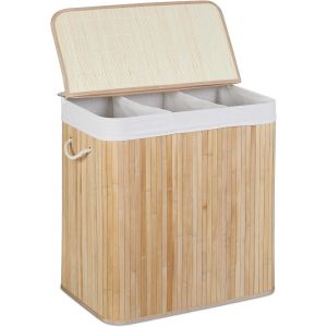 CHECARZHN--NO1-Panier À Linge, 3 Compartiments, Couvercle, Trieur Rectangulaire, Hxlxp 62X62,5X42,5 Cm, Bambou, Nature-Blanc - Neuf