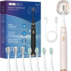 brosse à dent électrique,brosse a dent sonique avec capteur de pression,60 jours pour voyager,8 têtes et porte brosse à dents electrique,5 modes,IPX7,SG2782,Beige - Neuf