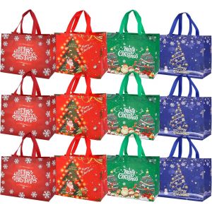 SJZG-12 Pi&egrave;ces Sacs Cadeaux De No&euml;l Sacs Fourre-Tout De No&euml;l Avec Poign&eacute;es R&eacute;utilisable Non-Tiss&eacute;s Grand &Eacute;picerie Sacs &Agrave; Provisions P&egrave;re No&euml;l Sac De Courses Pour F&ecirc;te De No&euml;l Mariage Cadeau Fournitur - Neuf