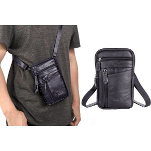 Pochette pour t&eacute;l&eacute;phone en cuir v&eacute;ritable, sac banane bandouli&egrave;re pour homme - Noir - Neuf