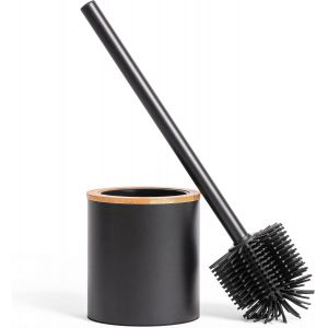 Brosse de Toilette en Silicone et Porte-Brosse de Toilette en Optique Bois|Acier Inoxydable,Tête en Silicone,Design en Bambou|Brosse WC pour Salle de Bain|Le Noir - Neuf
