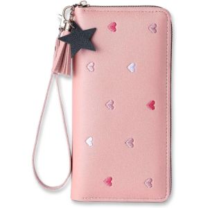 Portefeuille Long Avec Fermeture &Eacute;clair Rose Pour Filles,Avec Coeurs Brod&eacute;s,Pampilles,Pendentif &Eacute;toile Mignonne,Portefeuille Fin En Cuir Synth&eacute;tique Pour Pi&egrave;ces De Monnaie,Porte-Cartes De - Neuf