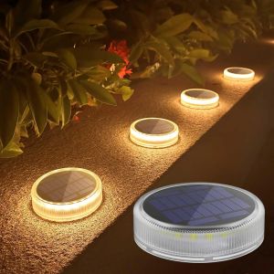 Lampe Solaire Exterieur, Lot De 4 Lumiere Extérieur Terrasse Sol Led Blanc Chaud 2700k, Lumière Toute La Nuit, Éclairage Étanche Pour Chemins Marches De Jardin Escalier Allée, Rond - Neuf