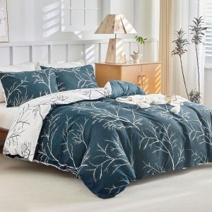 Ulteronixshop-Housse De Couette 240 X 260 Avec 2 Taies D'oreiller 65x65 Cm - Motif De Branche R&eacute;versible - Parure De Lit 240 X 260 Cm - 100% Microfibre Parure Couette Avec Fermetures &Eacute;clair, Bleu Mar - Neuf