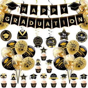 HJLIAN Decorations de fete de remise des diplomes 2022, banniere de fete de remise des diplomes, drapeaux, decorations pour cupcakes, ballons en latex, pendentifs en spirale, fournitures de fete - Neuf