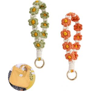 Kal-2 Pi&egrave;ces De Ruban Macram&eacute; Porte-Cl&eacute;s Boho Lanyard Court Porte-Cl&eacute;s Pour Femmes Porte-Cl&eacute;s Bracelet Macram&eacute; Bracelet Multicolore Avec Des Marguerites Comme Porte-Cl&eacute;s - Neuf