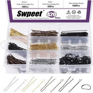 Kal-Lot De 420 &Eacute;pingles &Agrave; Cheveux 2 Styles De 4,8 Cm, 6,1 Cm, Noir/Or/Marron/Argent Avec Kit D'&eacute;lastiques En Caoutchouc, Y Compris 160 &Eacute;pingles &Agrave; Cheveux Et 160 &Eacute;pingles - Neuf