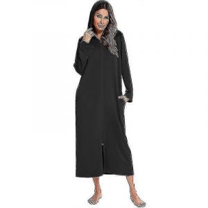 Robe De Chambre Zippée Pour Femme, Chemise De Nuit Longue À Capuche, Peignoir À Manches Longues Avec Poches - Neuf