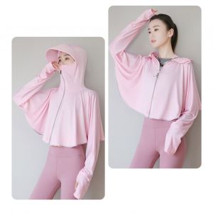Veste A Capuche De Protection Solaire En Soie Glacee, Chemise De Soleil A Manches Longues Avec Trou Pour Le Pouce Pour Masque, Chemise Courte Rafraichissante A Capuche Pour Femme Avec Bord Long, Rose - Neuf