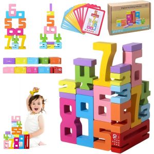 Lot de 20 blocs de construction en bois à empiler-Chiffres empilables et chiffres-Avec cartes illustrées-Blocs de chiffres en bois-Pour enfants à partir de 3 ans - Neuf
