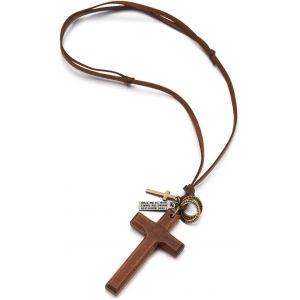 Kal-Cordon En Cuir Collier Avec En Bois Croix Et Anneau Charmes - Homme Femme - Cordon En Brun Cuir R&eacute;glable - Neuf