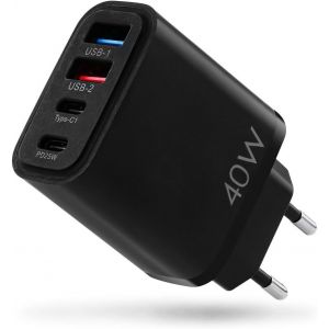 Chargeur USB C Rapide 40W,Prise Multiple avec 1 USB-C 15W + 1 QC3.0 (PD25W) + 2 USB,Prise USB Chargeur 4 Ports Compatible avec i-Phone 14 Pro Max 13 12 11,MacBook Pro,i-Pad,Galaxy (Noir) - Neuf