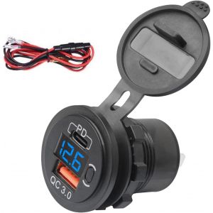 JGD-Prise USB C PD 12V / 24V, QC3.0 &eacute;tanche USB pour v&eacute;hicule avec c&acirc;ble de 23,6 pouces Double connexions de charge, affichage num&eacute;rique LED Voltm&egrave;tre et interrupteur - Neuf