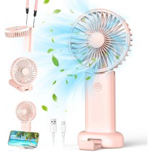 Ventilateur portable, mini ventilateur à main, petit ventilateur de voyage, ventilateur manuel rechargeable avec 3 vitesses, ventilateur personnel pour extérieur, déplacement, bureau, camping (rose) - Neuf