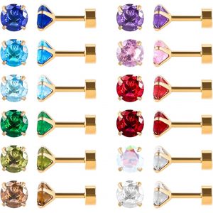 Lot De 12 Paires De Boucles D'oreilles À Tige En Acier Inoxydable Chirurgical À Dos Plat En Forme De C?ur,Étoile Carrée En Forme De Larme,Plaqué Or,Oxyde De Zirconium.[X1086] - Neuf