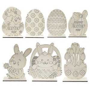 7Pcs en bois Pâques bricolage peinture artisanat lapin chasse lapin fête printemps poussins oeufs heureux esater p - Neuf