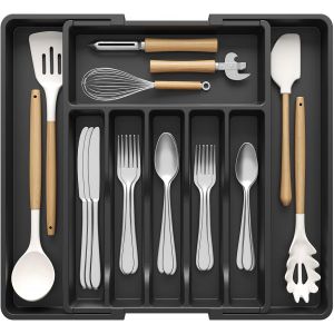 Range Couverts Pour Tiroir,Organisateur Réglable Pour Vaisselle,Profondeur 42,4cm,Grand Plastique Porte Ustensiles Pour Cuisine,Amenagement Placard Pour Cuillère/Fourchette/Couteaux,Noir - Neuf