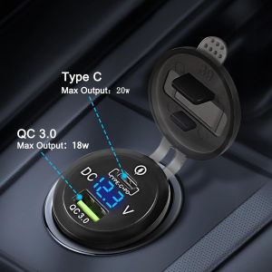 Prise Usb De Voiture 12 V-24 V Usb/Type C Sortie Pd & Qc 3.0 Chargeur De Voiture Rapide 38 W &Eacute;tanche Avec Voltm&egrave;tre Led Pour V&eacute;hicules, Bateaux, Suv, Camping-Cars, Motos - Neuf