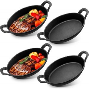 Subzonal-Lot De 4 Petites Po&ecirc;les En Fonte Avec 2 Poign&eacute;es, 21 X 15 Cm, Plat De Service Ovale Individuel, Po&ecirc;le &Agrave; Frire Pr&eacute;-Enduite Pour La Cuisine - Neuf