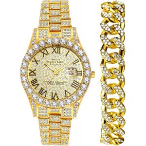 Eryi-Montre Bracelet Diamant Homme : Montre À Quartz Analogique Ronde Pour Homme, Bracelet En Alliage Amovible, Calendrier Échelle De Chiffres Romains, Pour Loisirs, Affaires, Cadeaux - Neuf