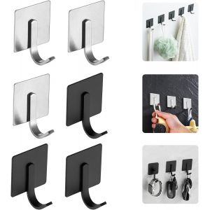 6 Pi&egrave;ces Accroche Torchon Cuisine, Accroche Serviette Salle De Bain, Crochet Adh&eacute;sif Tableau, Crochet Adhesif Mural 3m Pour Chambre, Salon, Cuisine, Bureau, Acier Inox (Noir Et Argent) - Neuf