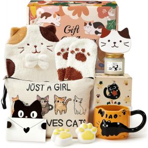 Vornixorsarlshopcadeau D'anniversaire Pour Filles Amoureux Des Chats Avec Tasse Chat Dessous De Verre Trousse De Maquillage Bougie Parfum&eacute;e Porte-Cl&eacute;s Idee Cadeau Femme Anniversaire - Neuf