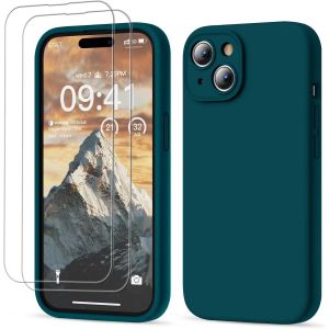 Kal-3 En 1 Coque Iphone 15 Silicone Liquide - Avec 2 Verre Trempé - Étui Protection Précise De Caméra [Résistant Aux Rayures] [Antidérapant] Iphone 15 Case 6.1"", Vert Foncé - Neuf