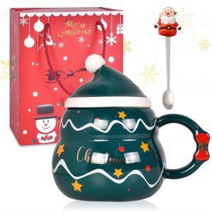 Eryi-Tasse De Café De Noël 500ml En Céramique - Couvercle, Cuillère Et Motif Père Noël - Cadeau Xmas Pour Boissons Chaudes Et Froides - Neuf