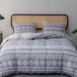 Parure De Lit 3 Pièces, 230 X 220 Cm, En Microfibre, Sans Repassage Et Infroissable, Housse De Couette Avec Fermeture Éclair Et Taies D'oreiller De 40 X 75 Cm, Style Bohème, Gris Foncé - Neuf