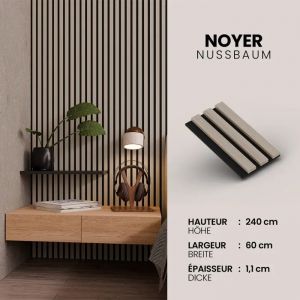 Panneau Acoustique 11mm - Noyer - Feutrine Noire - 240x60cm - Lot de 4 - Neuf