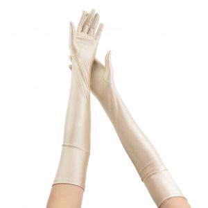 1 Paire De Gants Couleur Unie, Doigts Complets, Élastiques, Lisses, Doux, Respirants, Longueur Coude, Mariée, Fête De Mariage, Spectacle Sur Scène, Gants De Cosplay-Beige - Neuf