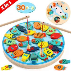 Jouet - Mixte - Jeu de P&ecirc;che Magn&eacute;tique en Bois Alphabet 2 en 1 - 2 cannes &agrave; p&ecirc;che - 26 poissons-lettres - 4 ans - Neuf