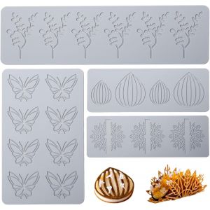 AYUHR-4 Pièces Tapis Dentelle Silicone Moule Feuille Moule Dentelle Patisserie 3D Tapis de Silicone à Motif Variés avec Feuille Papillon Oignon Taco pour Chocolat Fondant Sucre Décoration de Gâteau - Neuf
