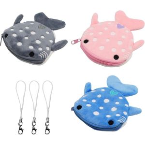 3 Pièces Mini Porte Monnaie,Polyester Portefeuille Bébé Requin,Avec Lanière,Soft Porte-Monnaie Baleine En Peluche,Trois Couleurs,Pour Ranger Monnaie,Écouteurs,Clés - Neuf