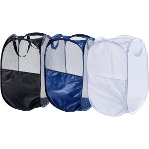 CHECARZHN--NO1-Lot De 3 Paniers À Linge Pliables Avec Poignées Durables, Sac À Linge Portable En Maille Avec Poignée, Idéal Pour La Maison, Le Dortoir, Les Voyages (Noir + Bleu Marine + Blanc) - Neuf